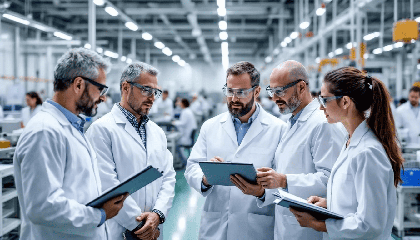 A Lean Six Sigma standard work team is gathered on the factory floor, reviewing digital Standard Operating Procedures (SOPs) to ensure the entire process meets takt time and quality targets. They are focused on continuous improvement and the implementation of lean practices, utilizing visual aids and process maps to identify opportunities for increased efficiency and waste reduction.