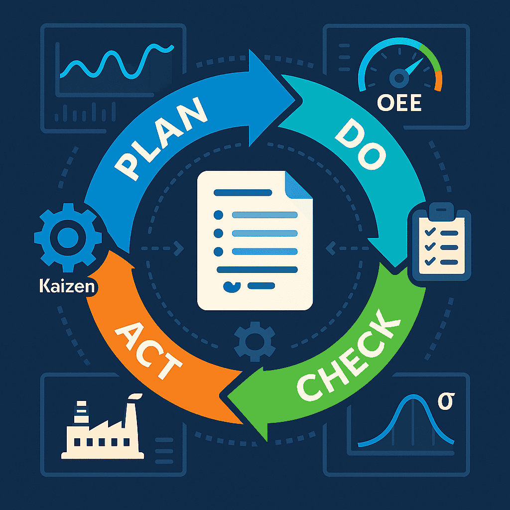 Circular continuous-improvement graphic with KPI dashboards sustaining Lean Six Sigma standard work gains over time