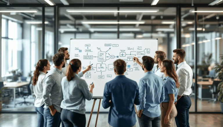 A cross-functional team is actively engaged in a Rapid Improvement Event workshop, collaboratively mapping out the current process flow on a whiteboard to identify waste and enhance operational excellence. The participants are focused on generating new ideas and solutions to implement meaningful improvements and boost customer satisfaction through a structured approach.