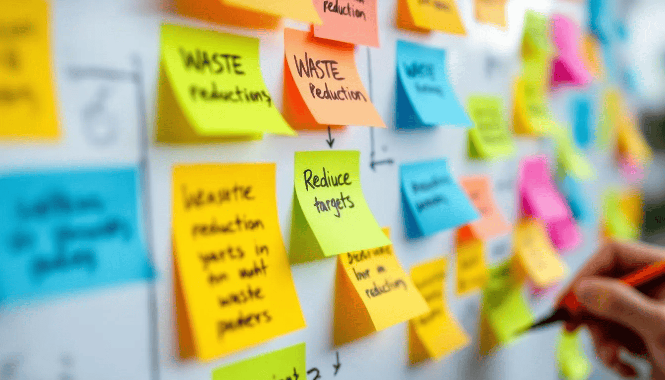 A close-up image features vibrant sticky notes arranged in a value-stream map, emphasizing waste-reduction targets during a kaizen rapid improvement planning session. This visual represents the structured approach to identifying process problems and fostering employee engagement for meaningful improvements in the improvement process.